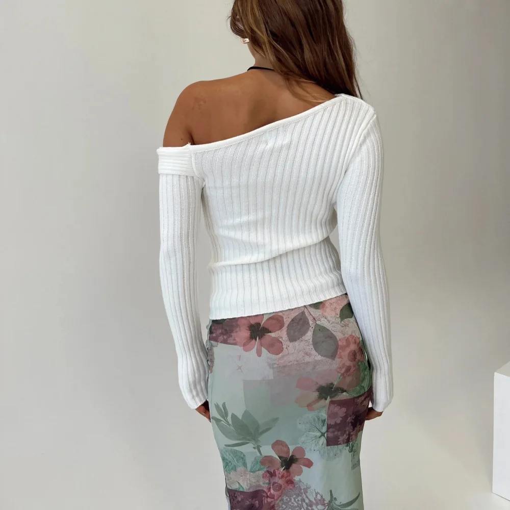 أفضل بائع لخريف وشتاء على الطراز الغربي سترة فرنسية مثيرة بقصة ضيقة - غير متماثلة خارج الكتف بياقة بيتر بان مضلعة صلبة طويلة- #4