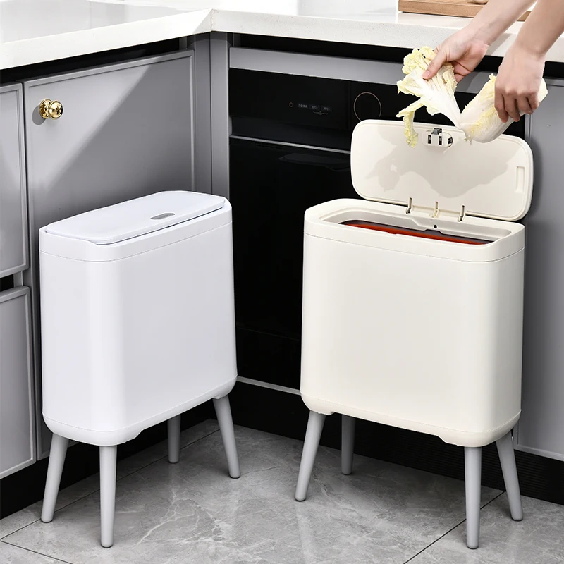 Gap Style Bathroom Waterproof Garbage Bin 12L High Foot Large Capacity Storage Bin, Press Type Covered Paper Basket