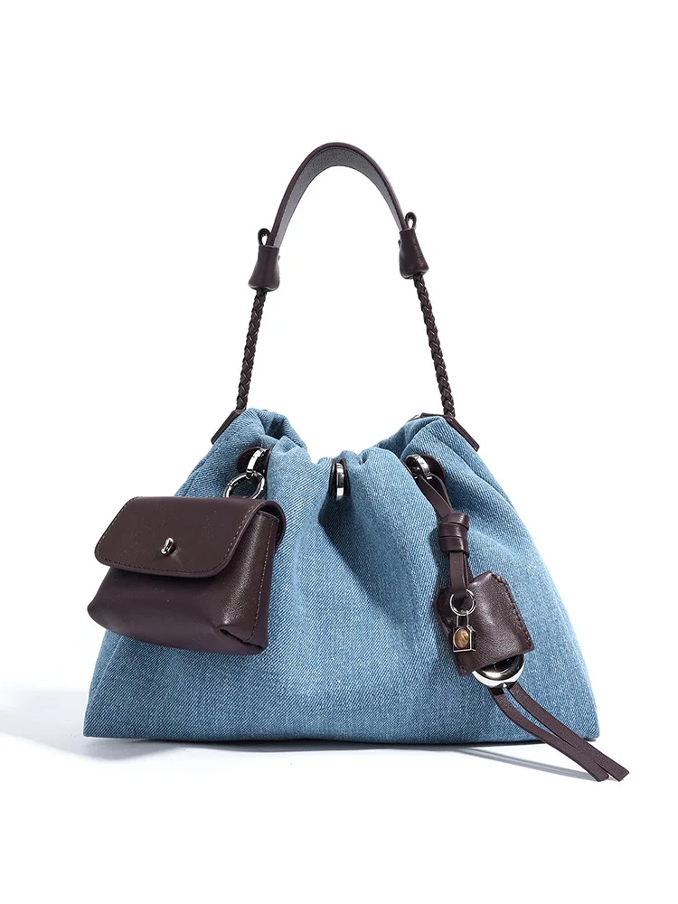 

New Designer String Close Cludy Pouch Denim Women Handbag with Wallet Long Handle Armpit Shoulder Bag