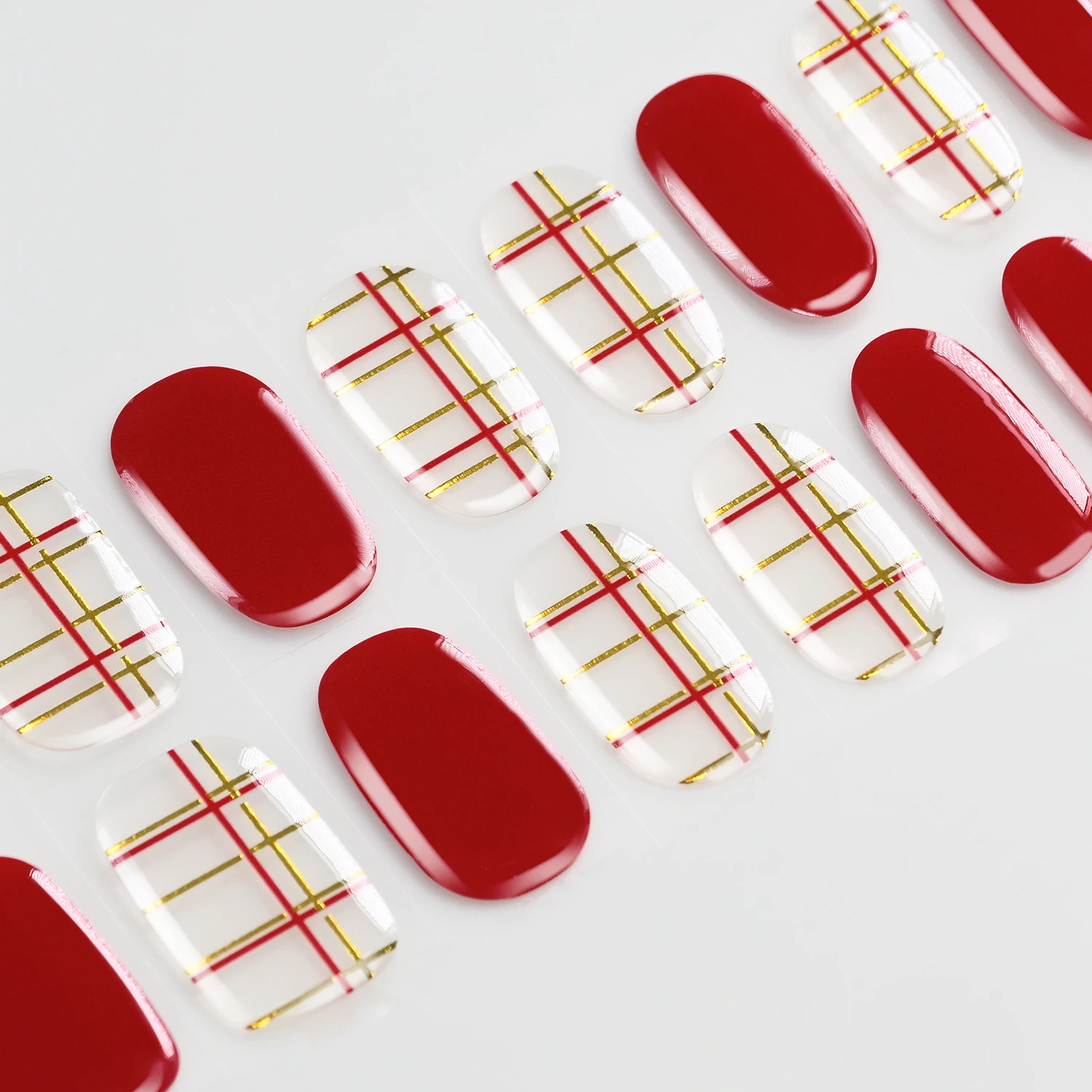 16Tip/Sheet Baking-Free Christmas Red Gel Nail Strips Red Pink Plaid Bronzing Gold Nail Wrap Full Cover Long Lasting Xmas Slider