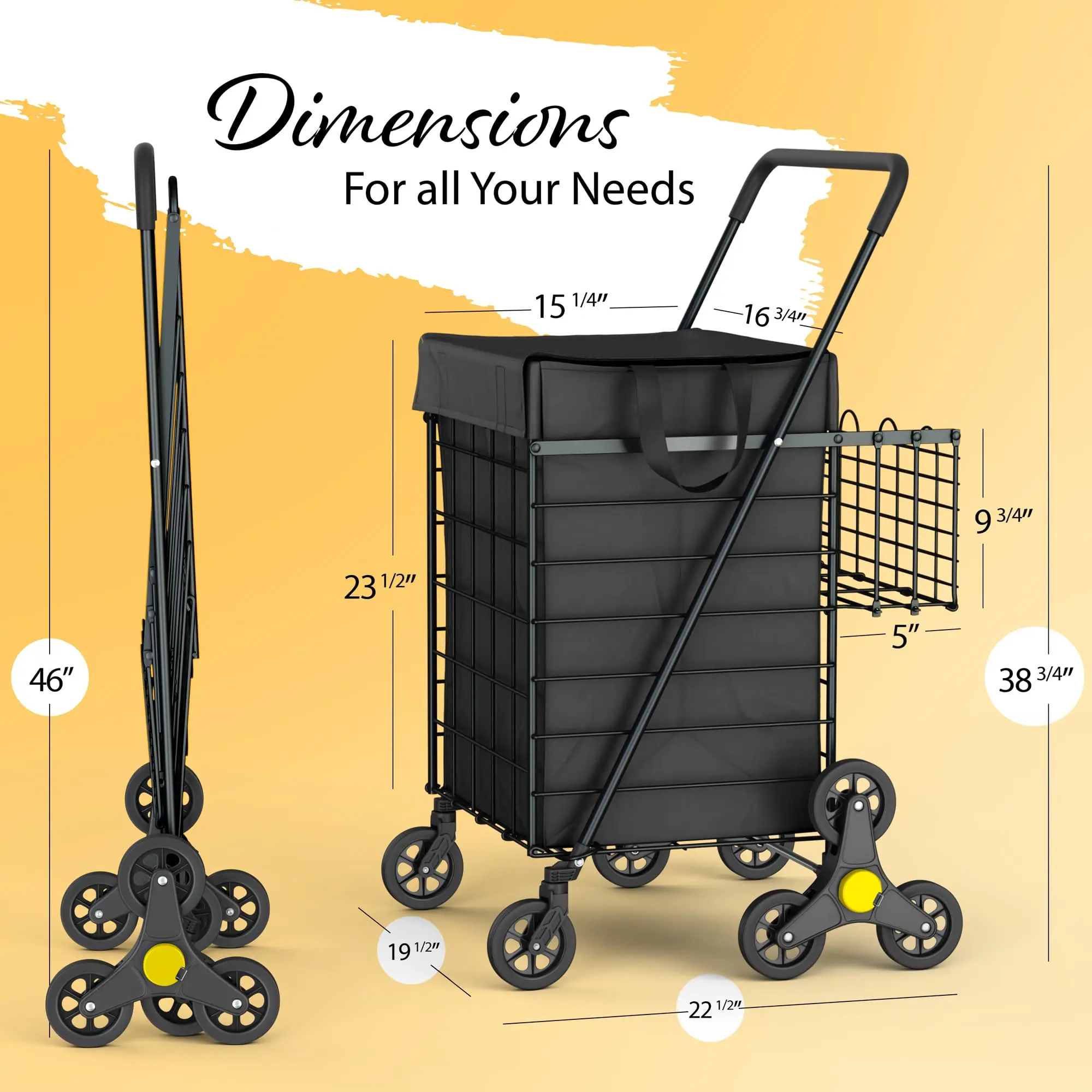 Stairs Climbing Shopping Cart w/Waterproof Basket Liner & 360° Swivel Wheels | Foldable Collapsible & Lightweight