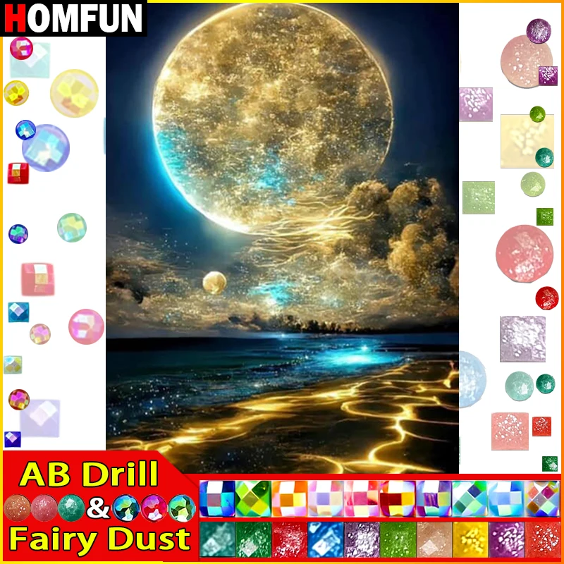 

HOMFUN Фея Пыль AB Алмазная картина Вышивка крестиком узор 5D Алмазная вышивка "Пейзаж Луна Пляж" Домашний декор DIY Алмазное искусство