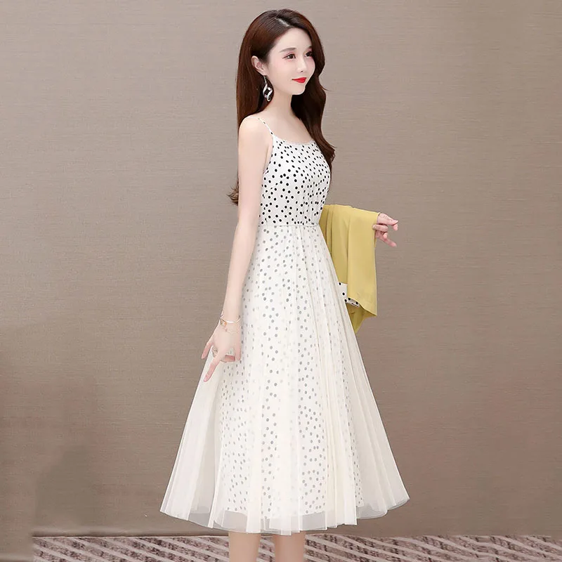 Korean Polka Dot Dress Suits Women Two Piece Set Elegant Three Quarter Sleeve Thin Blazer And Spaghetti Straps Mesh Dress Sets