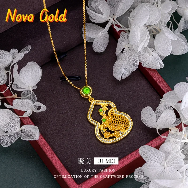 NovaGlod Gold national trend necklace 24K real gold lily of the valley flower gourd pendant Ruyi lock bag 9999 retro style versa