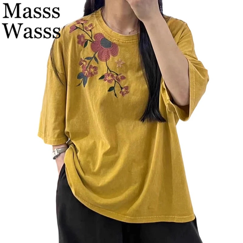 

Masss Wasss Korean Fashion Clothes Womens Loose Summer Printed Tee Shirts Ladies Luxury Casual Floral O Neck Classic Cotton Tops
