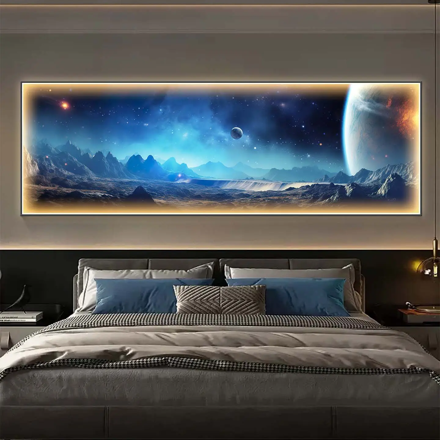 #Modern Luxury Blue Starry Sky Living Room Decoration Painting Led Light Emitting Bedroom Bedside Hanging Painting Moon Mural