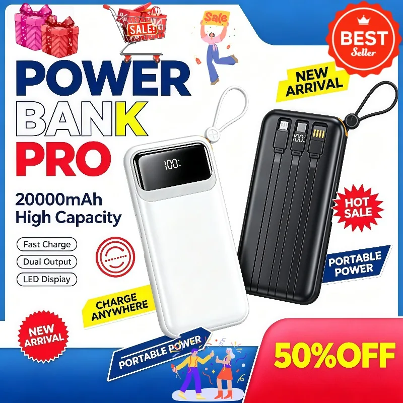100000mAh Certified Super Fast Charging Power Bank Builtin Cable Mini Large Capacity Portable