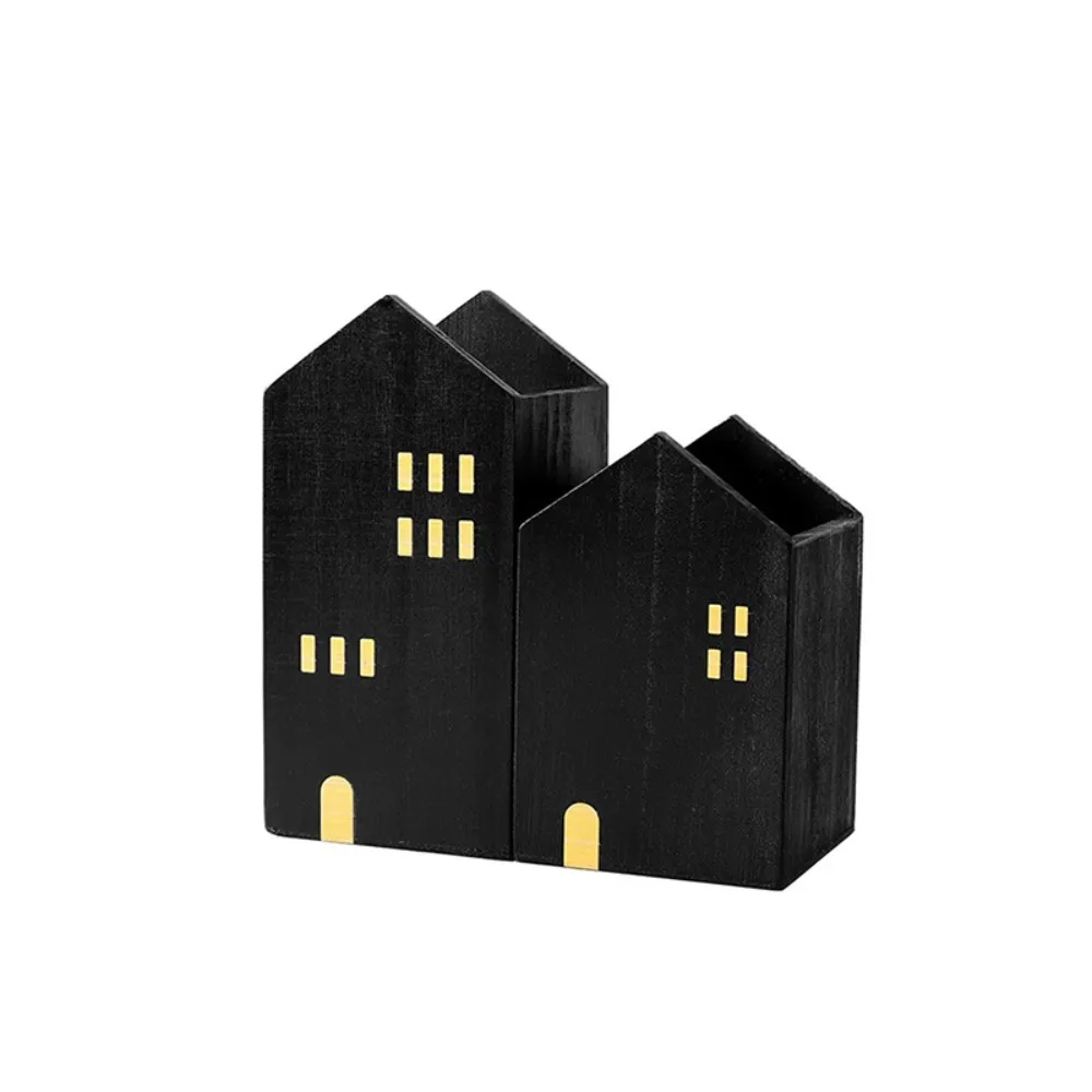 2PCS Wooden House Shape Pen Container Vintage Polished Surface Makeup Brush Storage Box Cartoon Cottage Shape Pen Holder Student