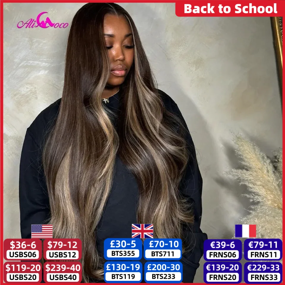 Peruca de Cabelo Humano Ondulado Loiro com Mechas Castanhas, Peruca Frontal de Renda Transparente 13x6, Pré-arrancada, Peruca com Fechamento de Renda 5x5