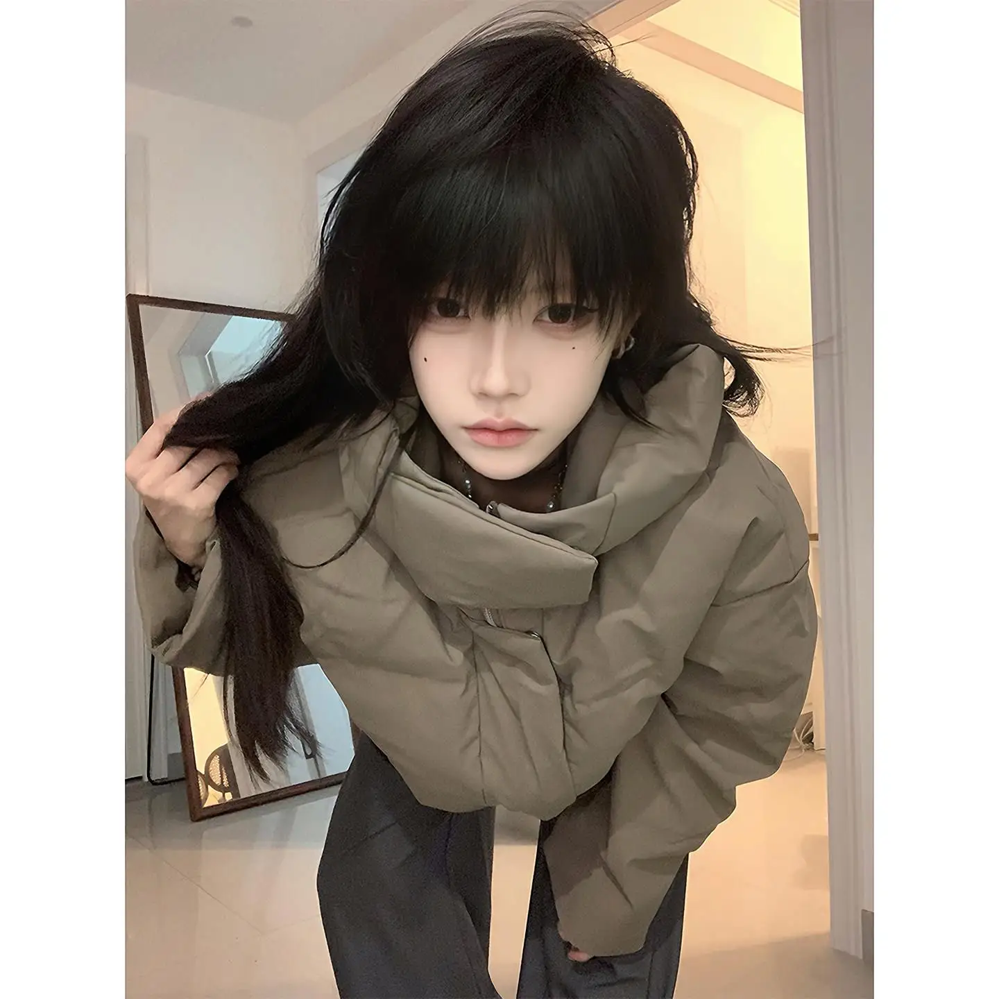 

Khaki PU Leather Hooded down Jacket Men's Winter Thickened Warm Short Bread Style Cotton Clothes for Couples Casual Wear