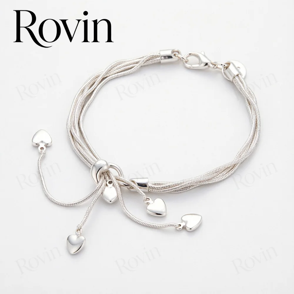Women's Stylish 18K Gold 8-Inch Multi-Layer Heart-Charm Snake Chain Bracelet – Wedding Jewelry