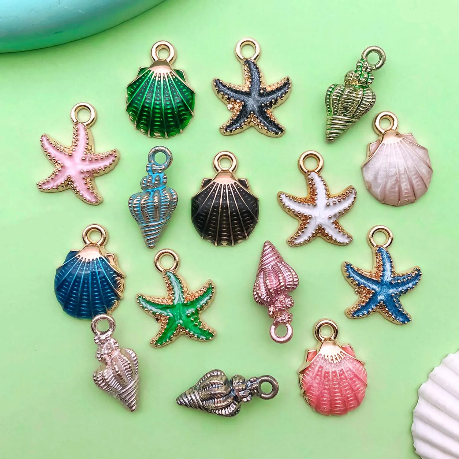 10/15pcs Colorful Enamel Marine Life Charms Alloy Shells, Conches, Starfish Pendants For DIY Jewelry Making Accessories