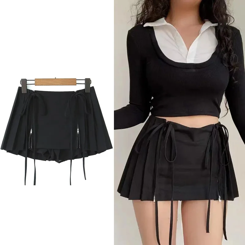 UETEEY Women Fashion Solid Lace Up Pleated Front Zipper Mini Skirts Vintage High Waist Female Chic Lady Short Skirt