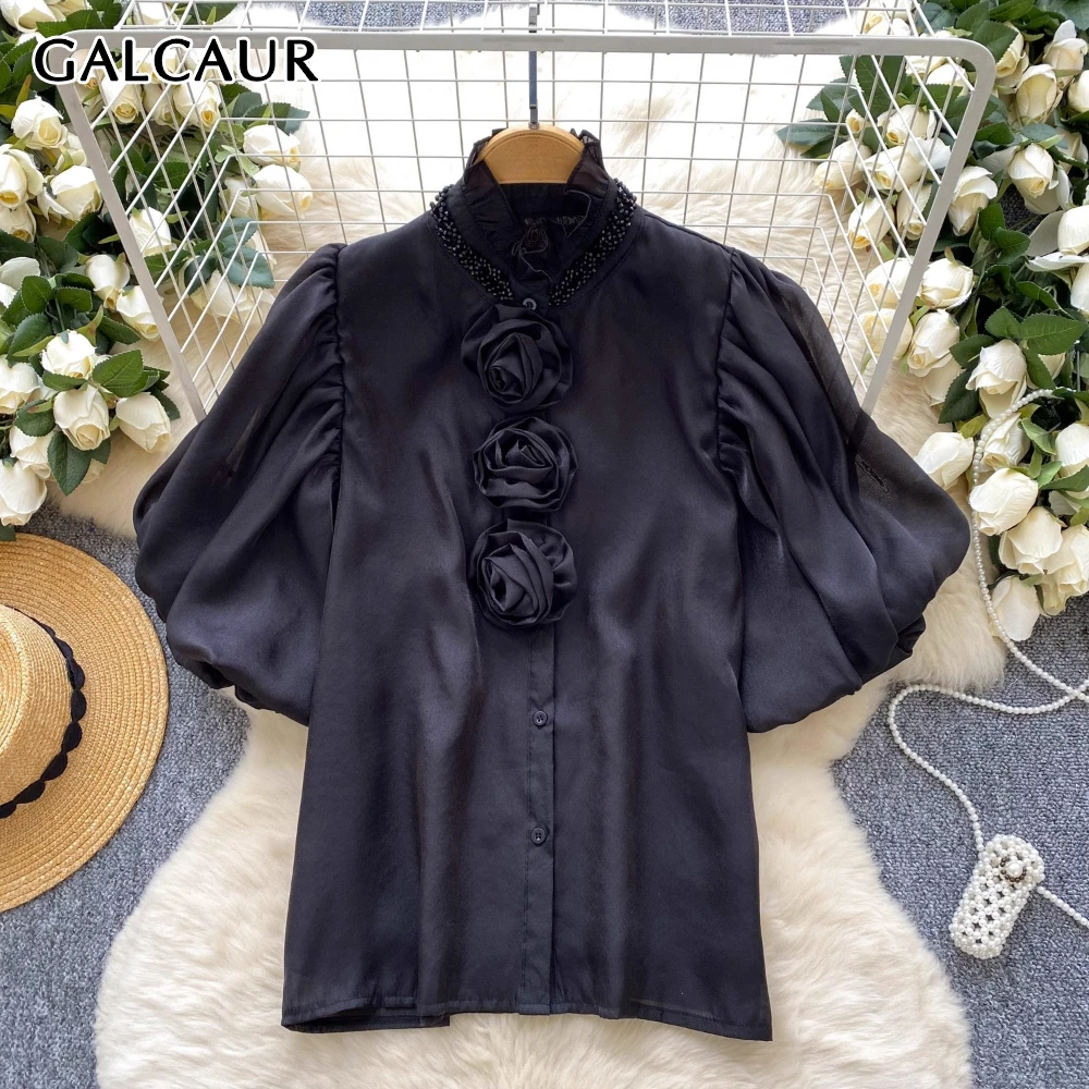 

GALCAUR Solid Spliced 3D Flower Chic Shirt Female Turtleneck Puff Sleeve Loose Elegant Women's Shirts Fashion Summer Style New