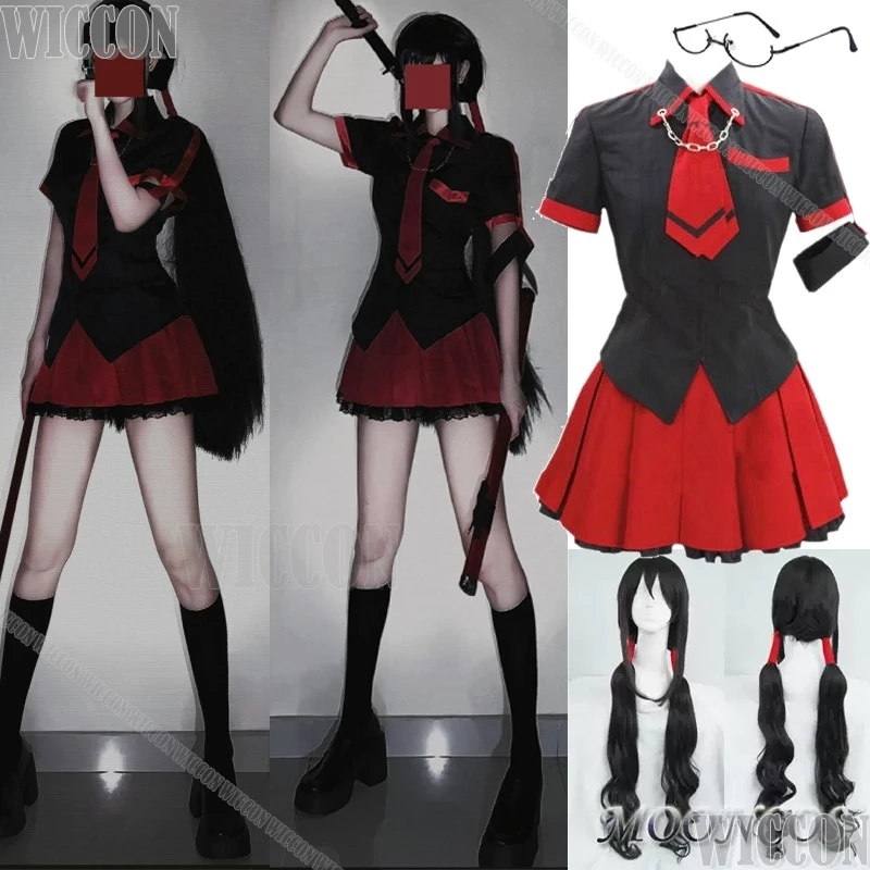 Kisaragi Saya Anime BLOOD-C Cosplay Costume Prop Black Long Wig Eyeglass Frame Women Battle Uniform Black Red Holloween Roleplay