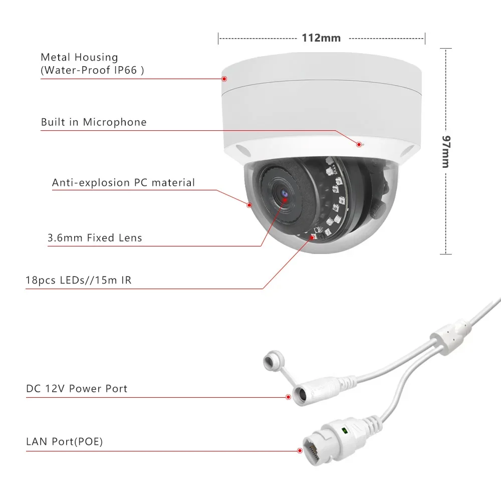 8MP IR Vandalproof Security PoE IP Dome Camera OEM/ODM Waterproof Outdoor SDK 4K CCTV Network Camera
