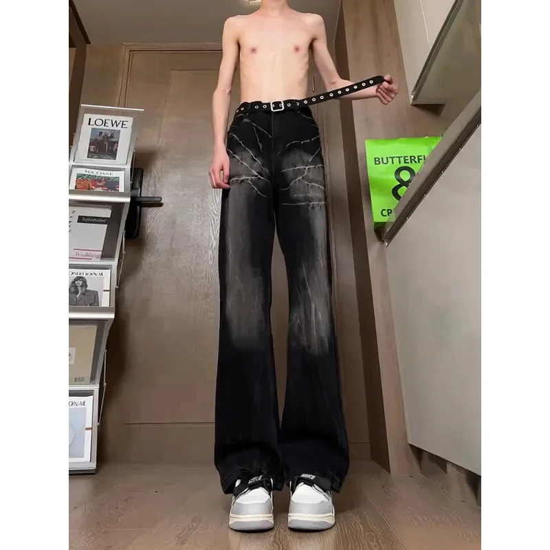 Lightning Pattern Jeans For Men American High-end And Cool Pants Trendy Slim Fit Straight Leg Micro Flared Pants