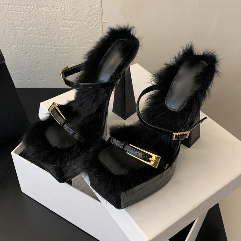 

Fashion Sexy Slippers Women Metal Buckle Fluffy Platform Sandals Chunky Heeled High Heels Party Pole Dance Ladies Mules Shoes