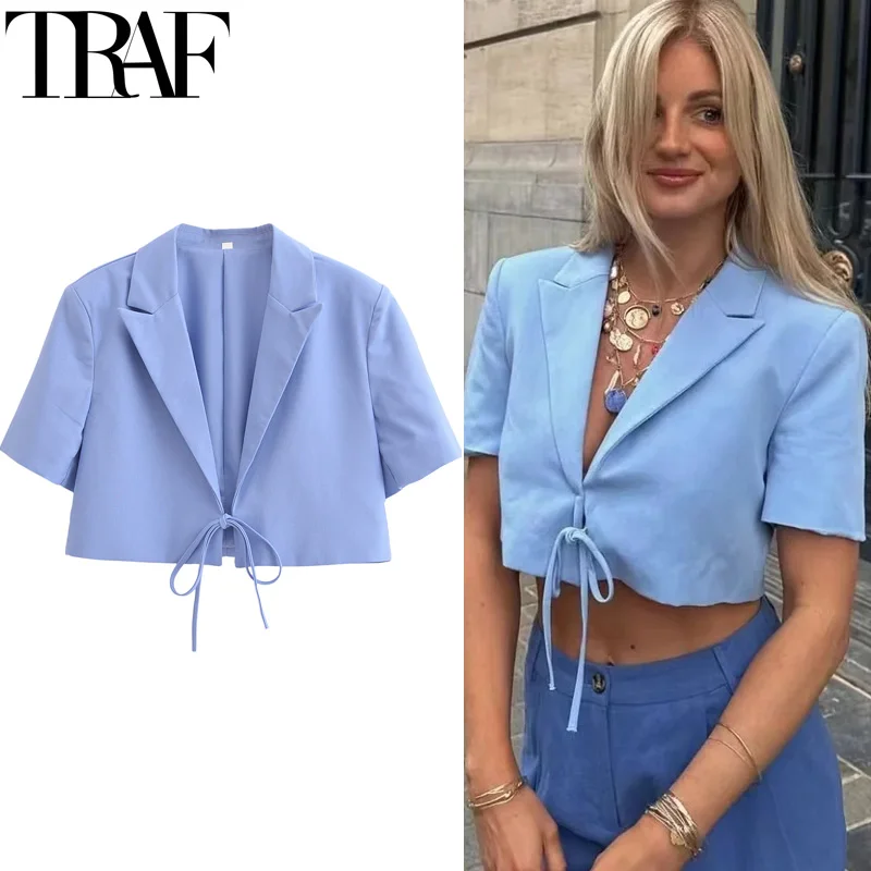 TRAF Office Wear Cropped Blazer Woman Tied Summer Jacket Short Sleeve Beige Blue Blazer Women Elegant And Youthful Woman Blazers