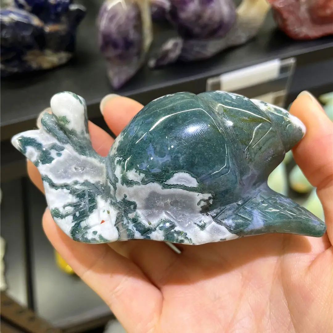 Real Natural Clear Quartz Amethyst Crystal Blue-Vein Sodalite Golden Jade Moss Agate Carved Snail Animal Crafts Home Accessories