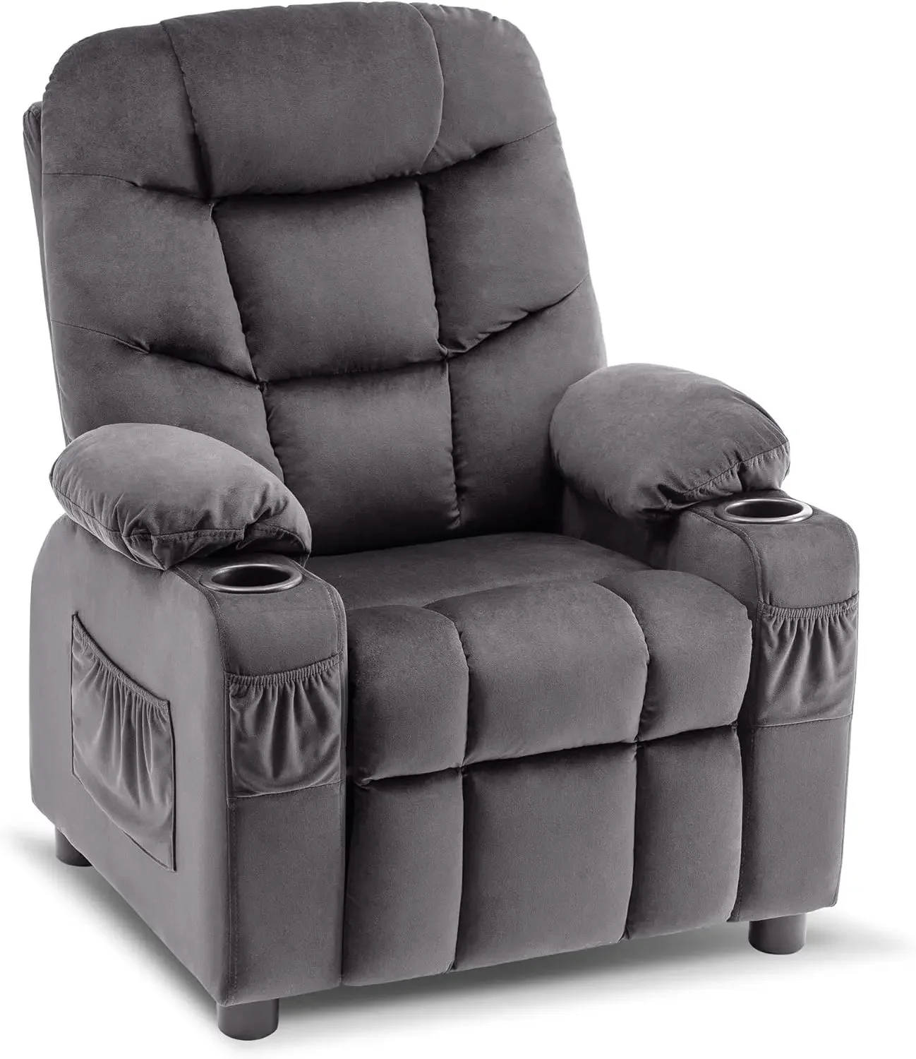 Big Kids Recliner for Ages 3+, Child Recliner Chair, Toddlers Recliner Sofa with Cup Holders (Velvet, Dark Grey)