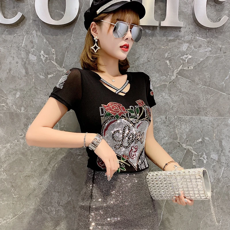 #5532 Black Basic T Shirt Women Diamonds Sexy V Neck Womens Tee Shirts Casual Short Sleeve T-shirt Female Hollow Out Summer 2023