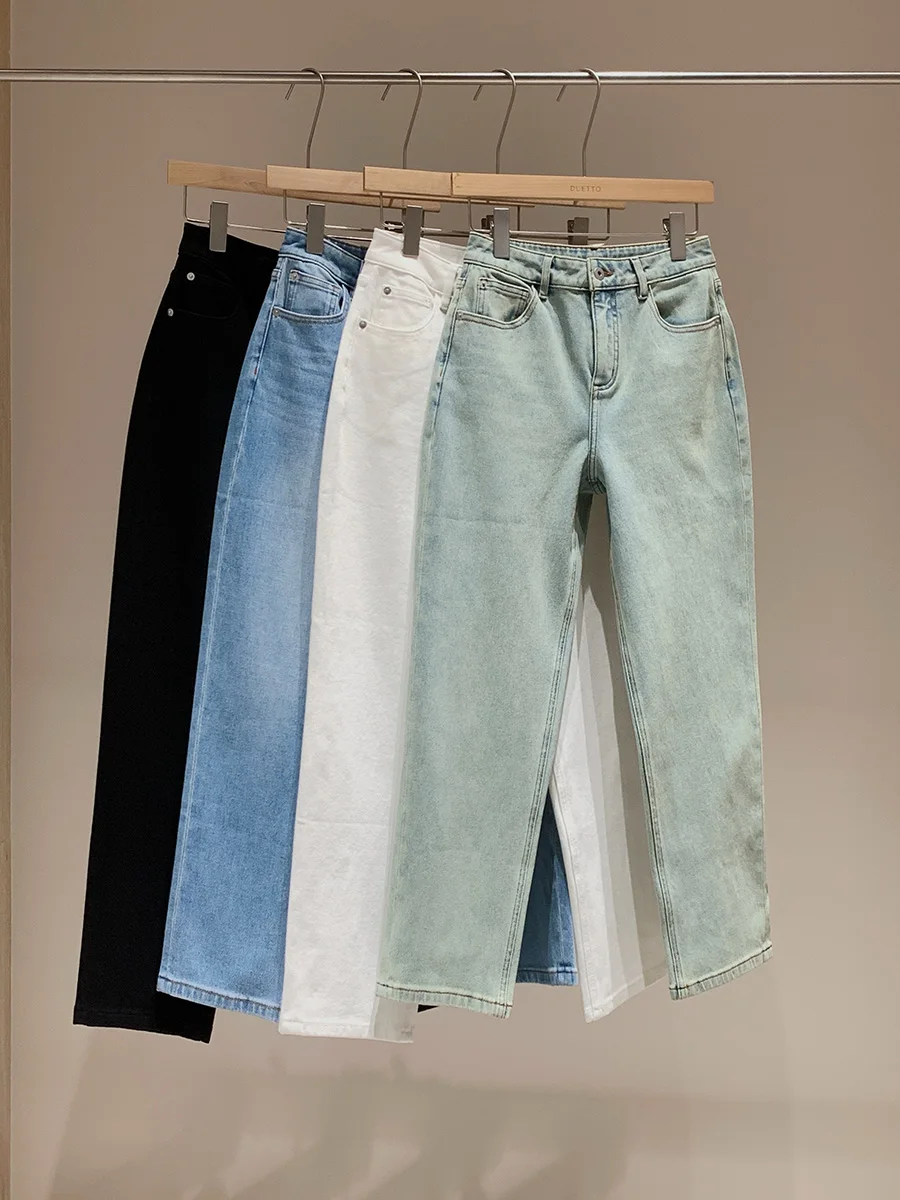 

Duetto Mint Wave Refreing Color Patent Four-Sided Elastic Slim Casual Nine-Point Denim Jeans Women's Faion