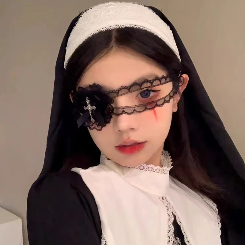 Hot Women Sweet and Cool Black White Lace Bows Heart Cross Eye Mask Suitable for Halloween Theme Lolita Dark Gothic Accessories