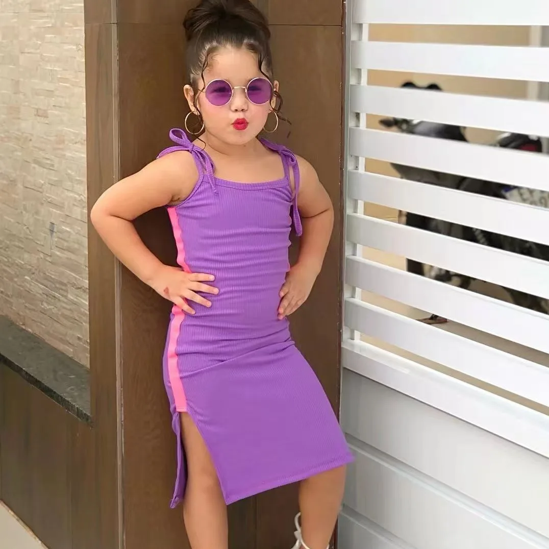 

New 2024 Summer Girls Camisole Dress Sleeveless Split Hem Sheath Dress Kids Children's Casual Clothing For 2-7 Years