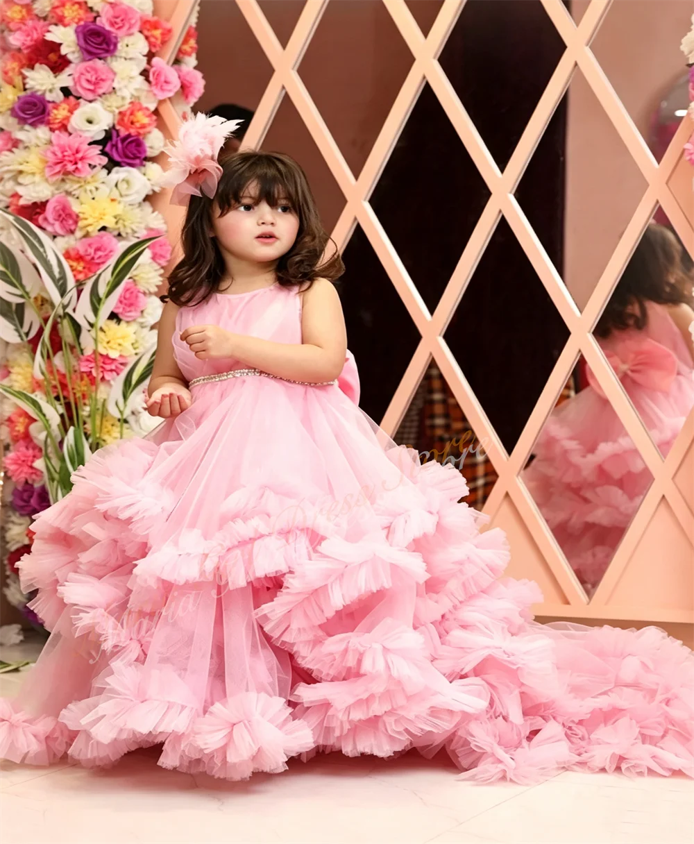 Pink Ruffled Crystal Belt Flower Girl Dress Fluffy Trailing Bow Cute Princess Birthday First Communion Photography Evening Dress