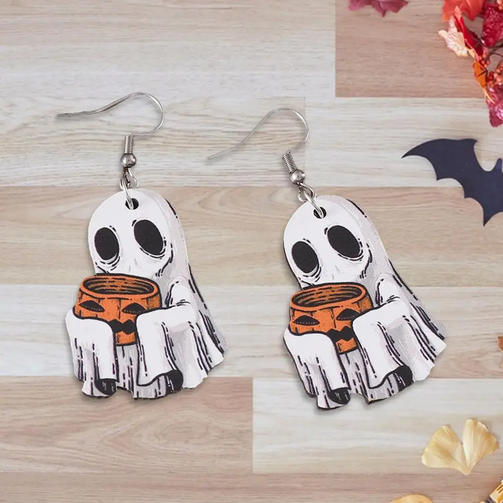 Ghostly Halloween Jewelry Spooky Halloween Ghost Earrings Set Lightweight Wood Ghost Pumpkin Bucket Earrings for Women Cute