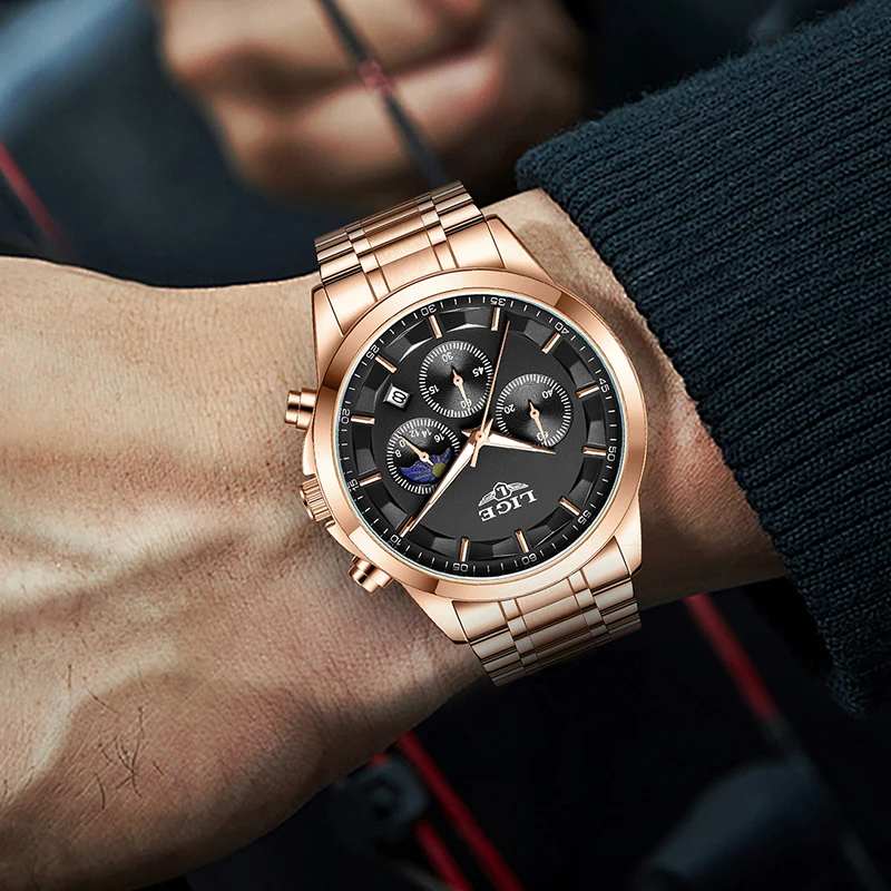 LIGE Fashion Casual Watch For Men Outdoor Sport Waterproof Luminous Men Watch Stainless Steel Chronograph Quartz Wristwatch Men