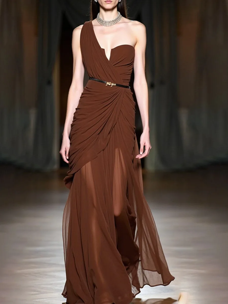 

Single Shoulder Solid Mesh Dresses Spring Women Sleeveless Zipper Long Dress Summer High Waist Wrap the Chest Ankle Length Dress