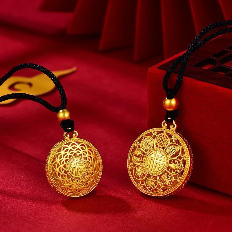 Womens AU750 Gold Necklace 18K Gold Hollow Fu Filigree Round Pendant Great Gift for Women Comes with Certificate