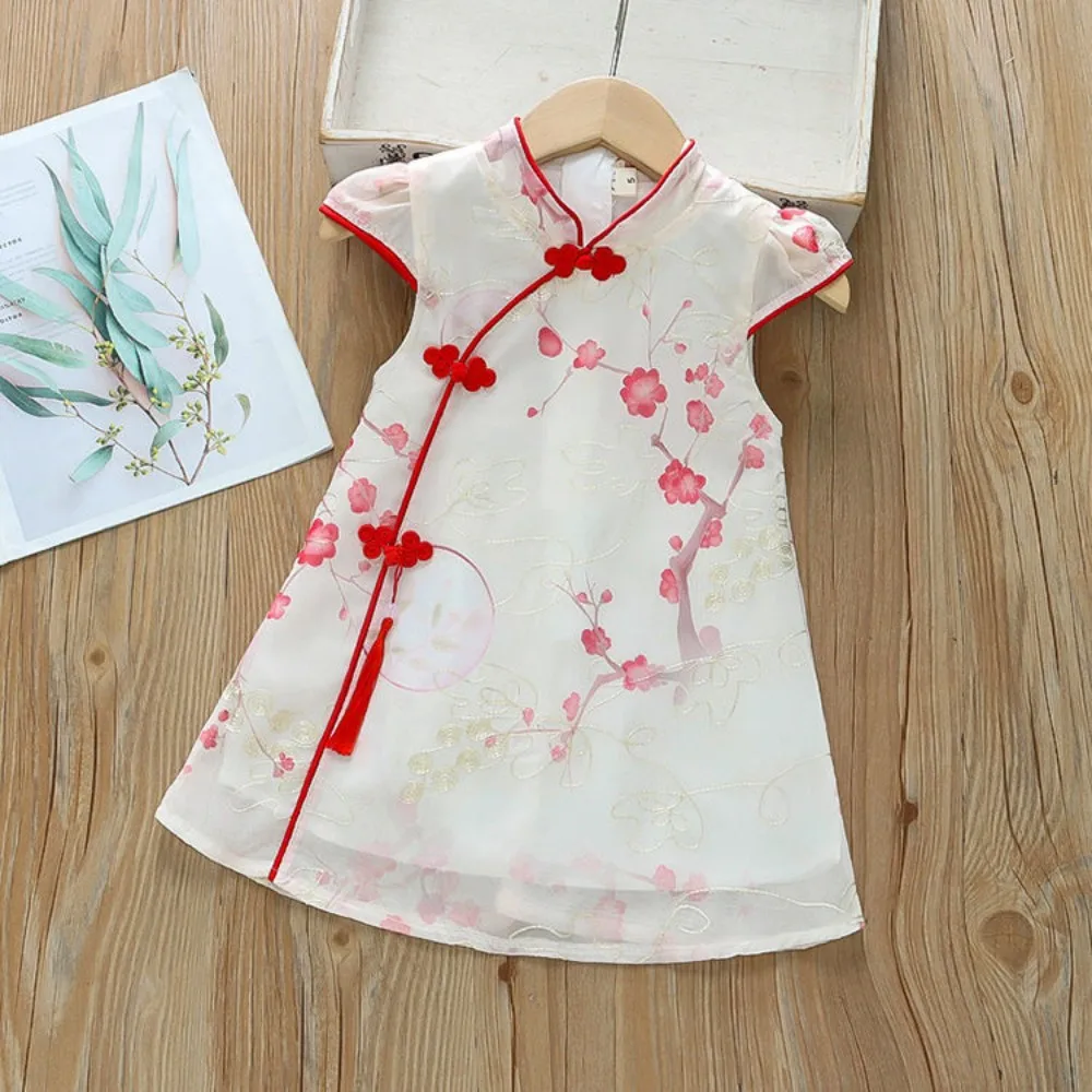 Crianças meninas vestido de verão estilo chinês hanfu cheongsam vestido infantil bebê menina princesa vestido