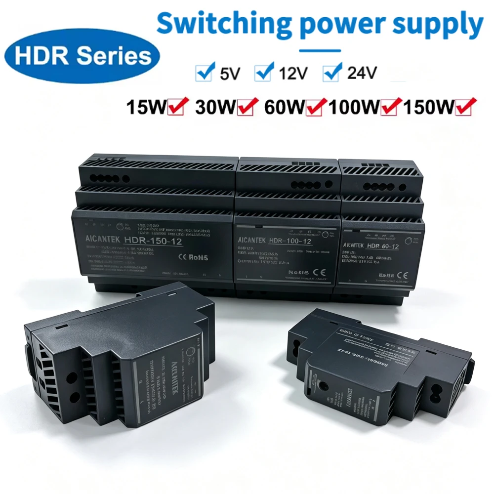 HDR-15/30/60/100/150W Switching Power Supply 5V/12V/24V HDR Type DIN Rail Power Supply AC to DC LED DC Switching Power Supply