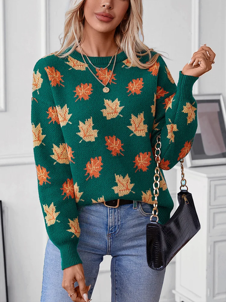 Miyouj Maple Leaf Pattern Pullover Round Neck Casual Sweaters Top Knitted  Female New In Outwear Print Autumn and Winter Clothes