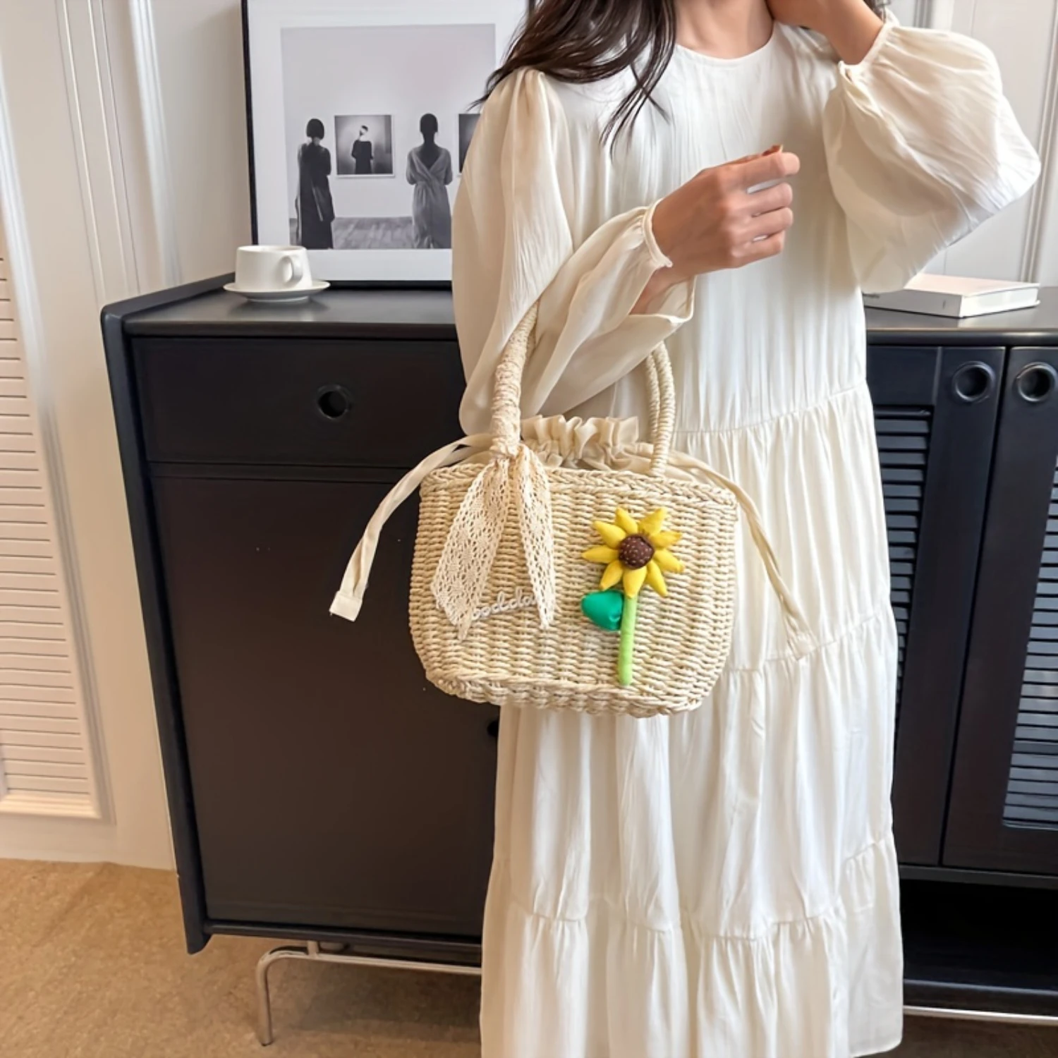 

Woven Straw Handbag With Lace Detail, Chic Beach Vacation Tote Bag, Paper Straw Vegetable Basket Bag With Sunflower Accent Bogg