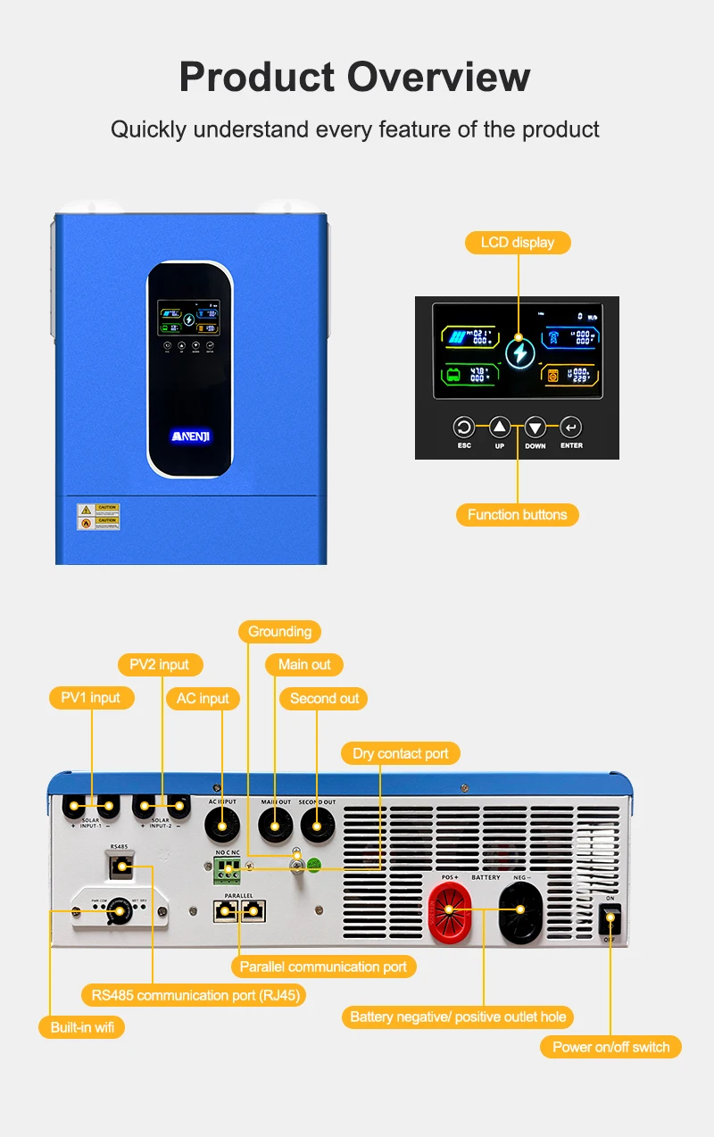ANENJI 11000 W Hybrid-Solar-Wechselrichter 11 kW 48 V 160 A MPPT reiner Sinus-Wechselrichter paralleles Solar-Off-Grid + On-Grid für 6 Einheiten max – Detail 12