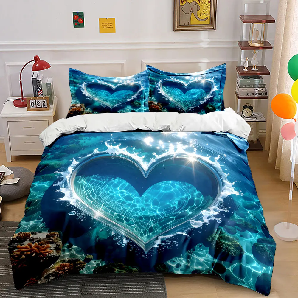 Heart-shaped ripple with coral reef Bedding Set for Kids Luxury Gift 3pc Digital Print Comforter Set Soft Comfortable Breathable