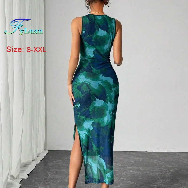 Sukienka damska letnia 2025 z nadrukiem, niebiesko-zielona, tie-dye, dopasowana, bez rękawów, długa, seksowna, z wysokim stanem, rozcięciem, podkreślająca biodra, sukienka balowa.