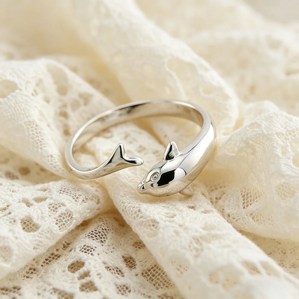 

925 Sterling Silver Adjustable Dolphin Open Ring Cute Animal Band Ring for Women Fashion Jewelry Wedding Party Gift
