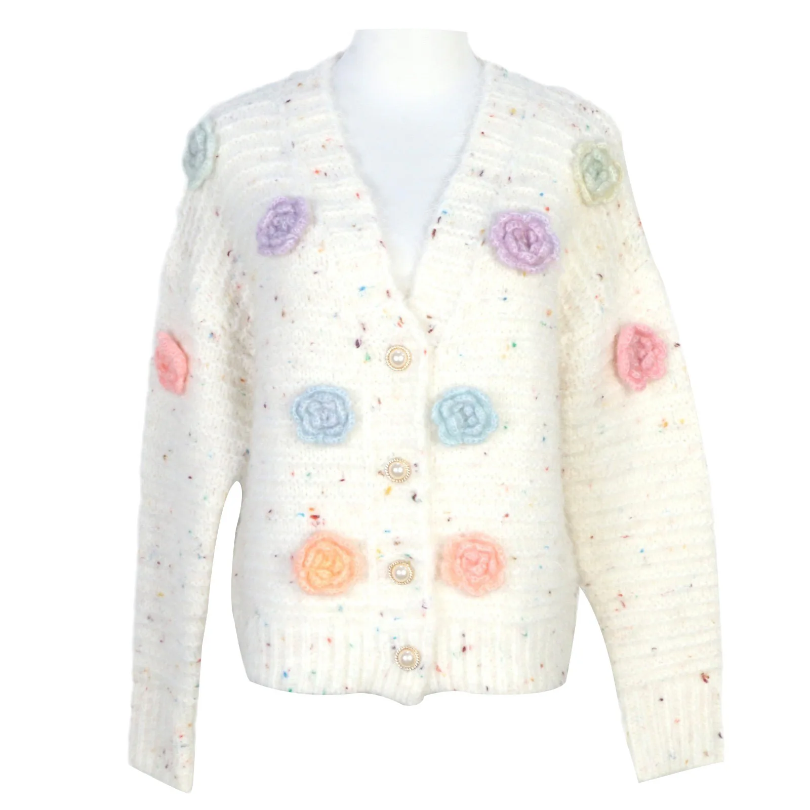 

2025 Bohemian Holiday Sweet Sweater Cardigan Heavy Three-dimensional Flower Loose V-neck Long-sleeved Knitted Cardigan Tops