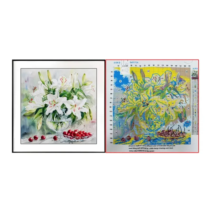 14CT 38X38CM Cherry Lily Needlework,DIY Cross Stitch Set Full Embroidery Kit, Printed Cross-stitch, Home Wall Decor 41 colors