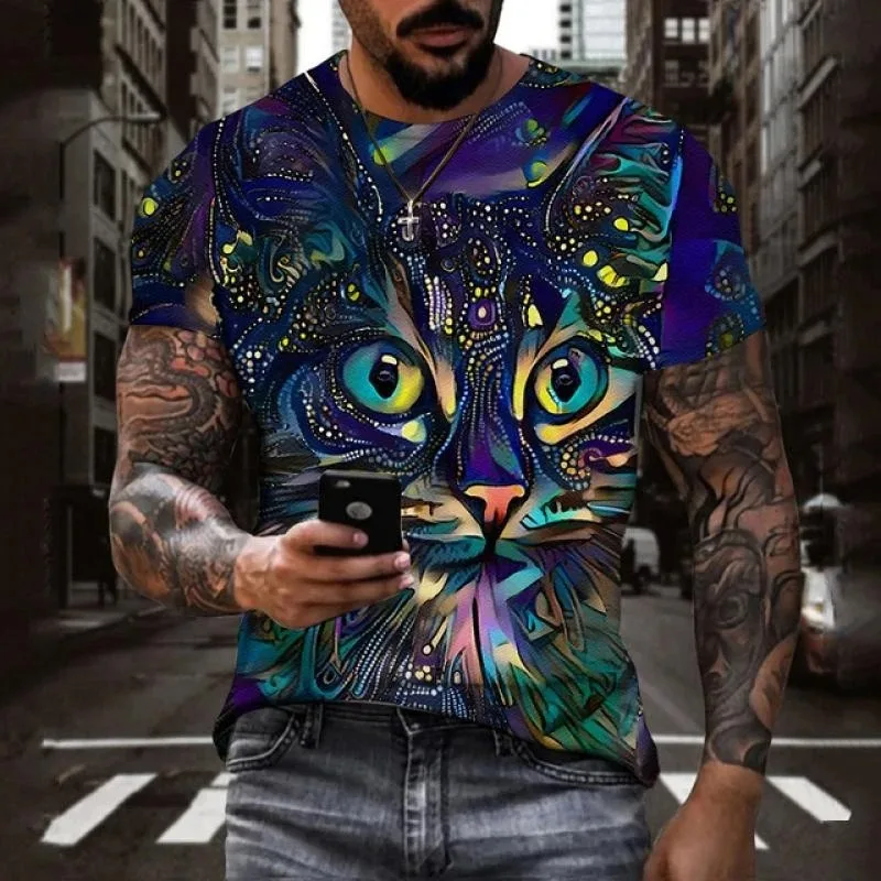 2025年ファッション 3Dアニマルプリント 猫柄Tシャツ 夏ファッション 半袖 クール メンズ カジュアル ストリートウェア ヒップホップ