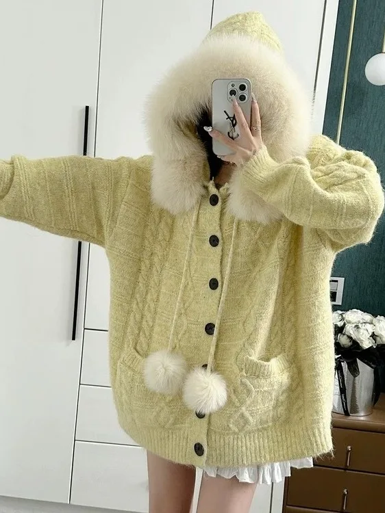 패셔너블 탈부착 가능한 퍼 칼라 후드 루즈 니트 가디건 여성용 초가을 2025 오픈 프론트 스웨터 아우터웨어