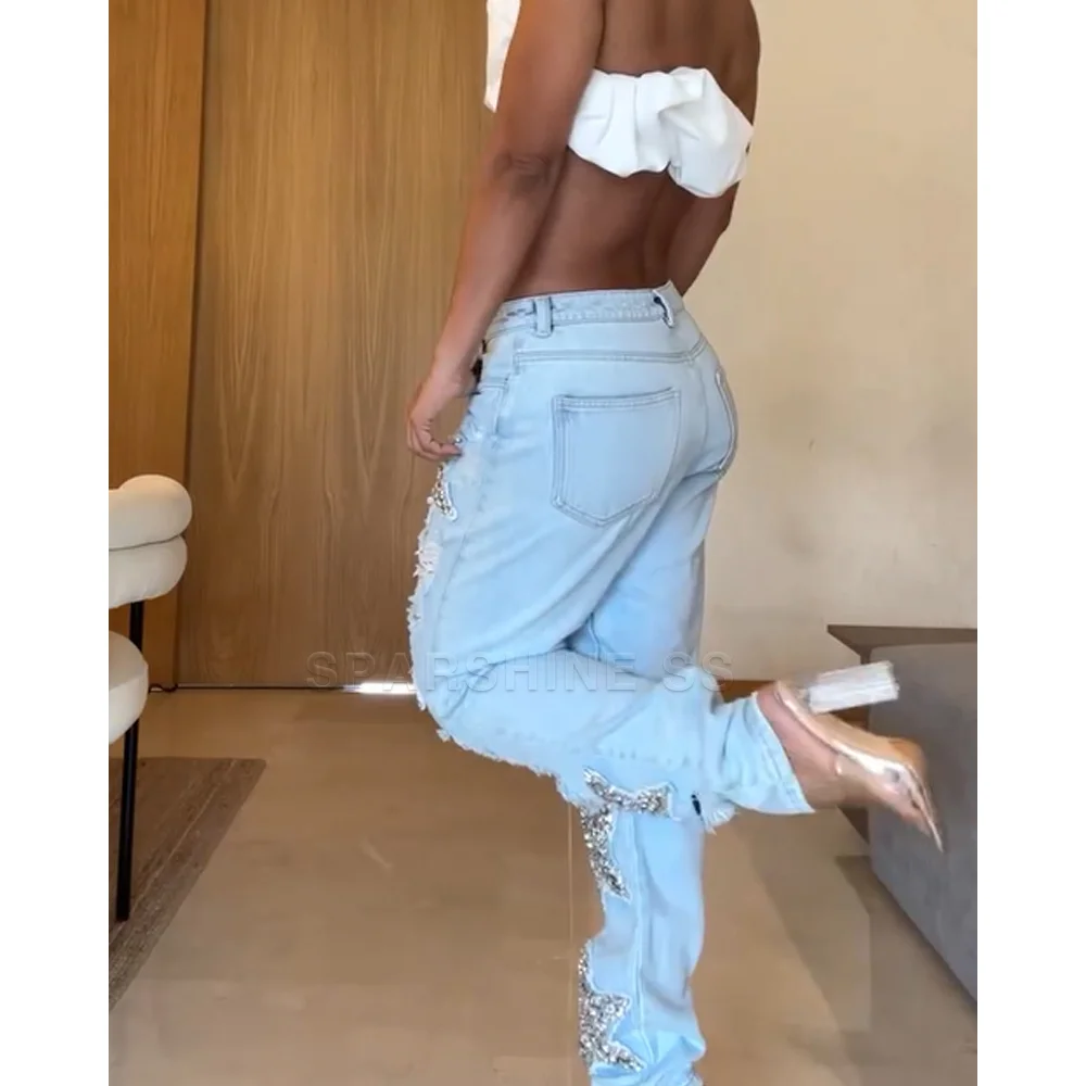 جينز كاجوال ممزق من Star Diamond للنساء سروال دينم عصري خفيف مع فتحات مدمرة ملابس شارع بقصة ضيقة