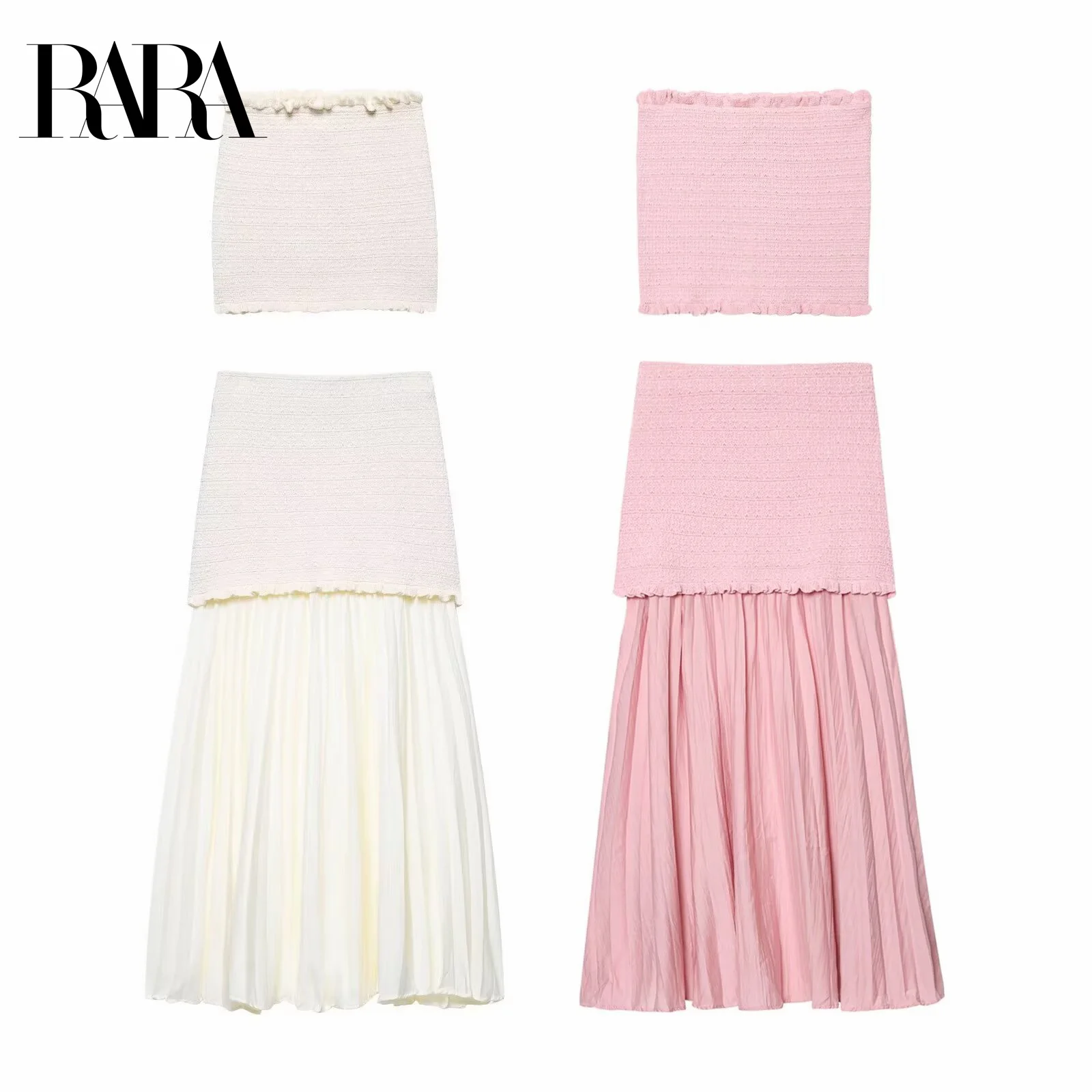 

RARA Women's Sleeveless Strapless Slim Knit One - word Back Top & Patchwork Knit Mid - length Skirt Elegant Sweet Set