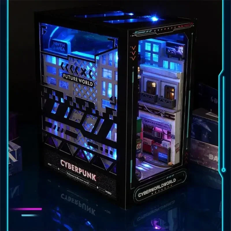 

# Wooden Book Nook Shelf Insert Miniature Building Kits Cyberrpunk World Bookshelf Assembly Bookend for Adults Birthday Gifts