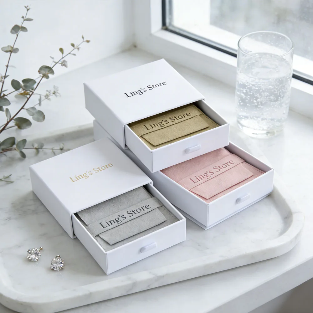 

Jewelry Box Bag Set Custom Logo Paper Sliding Drawer Jewelry Box Microfiber Envelope Gift Bag Ring Earrings Organizer Carton Bag